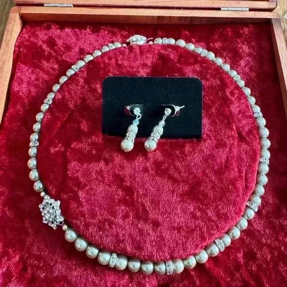 Faux Pearl & Crystal Accent Necklace + Drop Earring Set | Bridal/Formal